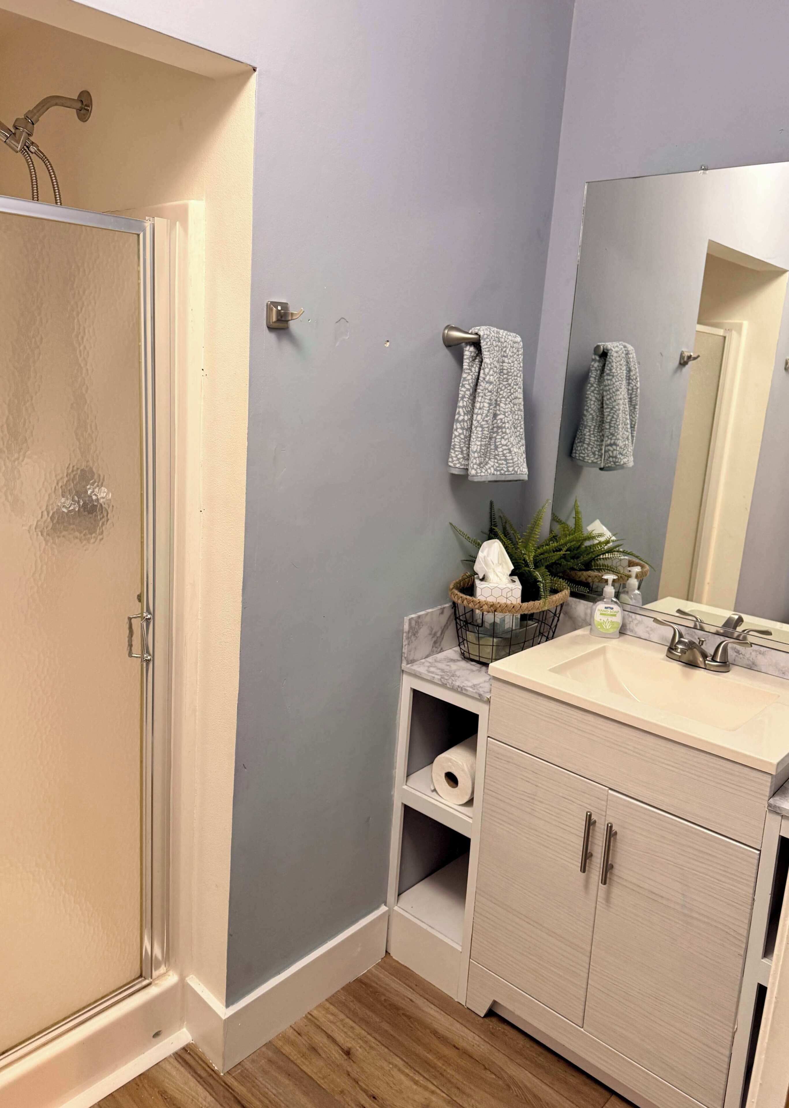 Ein Badezimmer mit Dusche, Waschbecken mit Spiegel, Handtuchhalter und einer kleinen Ablage mit Pflegeprodukten.