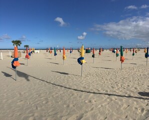 Uma praia com vários guarda-sóis e espreguiçadeiras dispostas em fileiras.