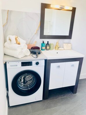 A compact hotel bathroom with a washing machine, a sink, and a mirror. - Villa' Tyno Excellence familiale - 18 couchages (La Teste-de-Buch)