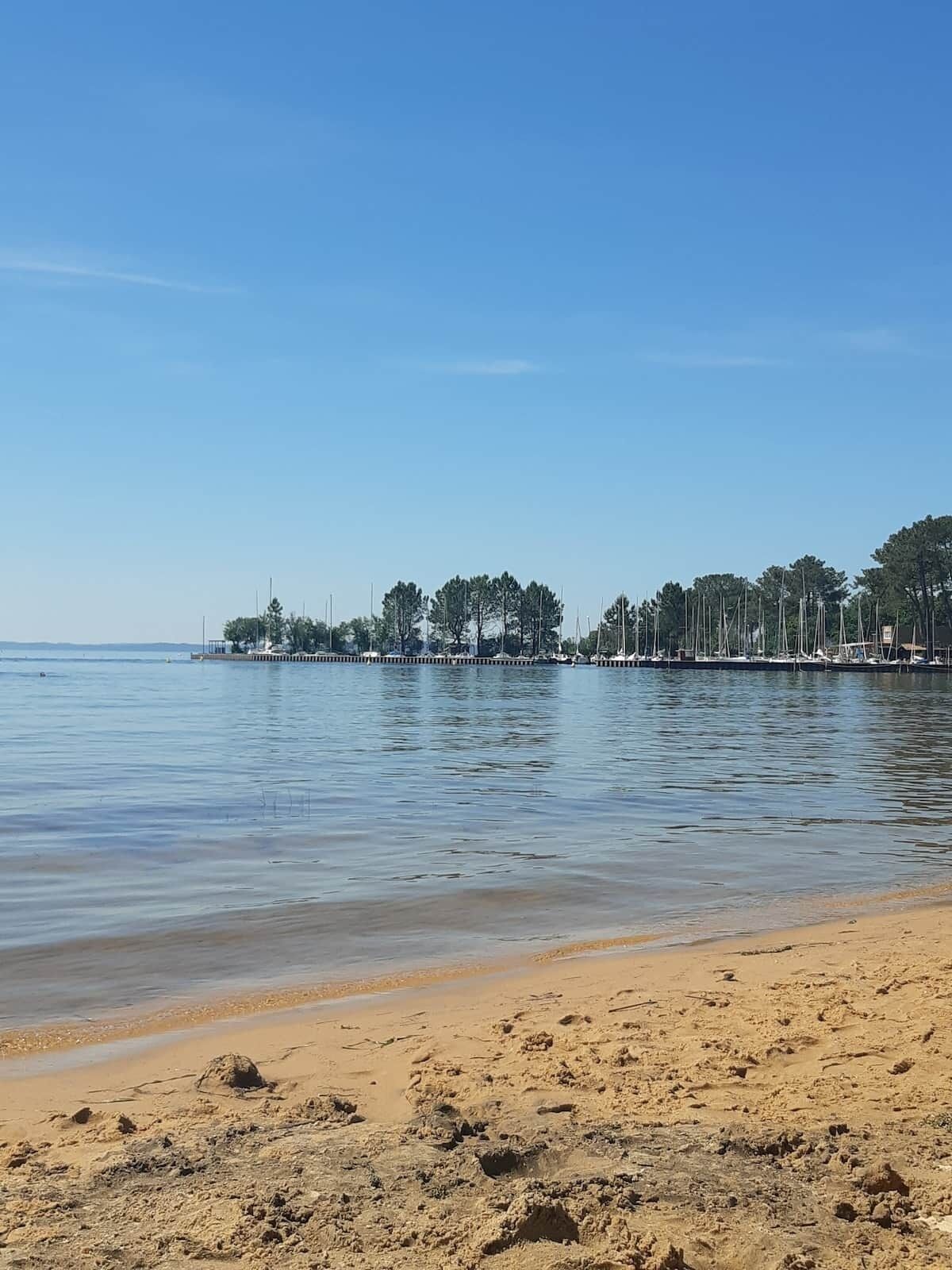 Uma praia com mar calmo, areal arenoso e uma fileira de árvores e edifícios ao fundo.