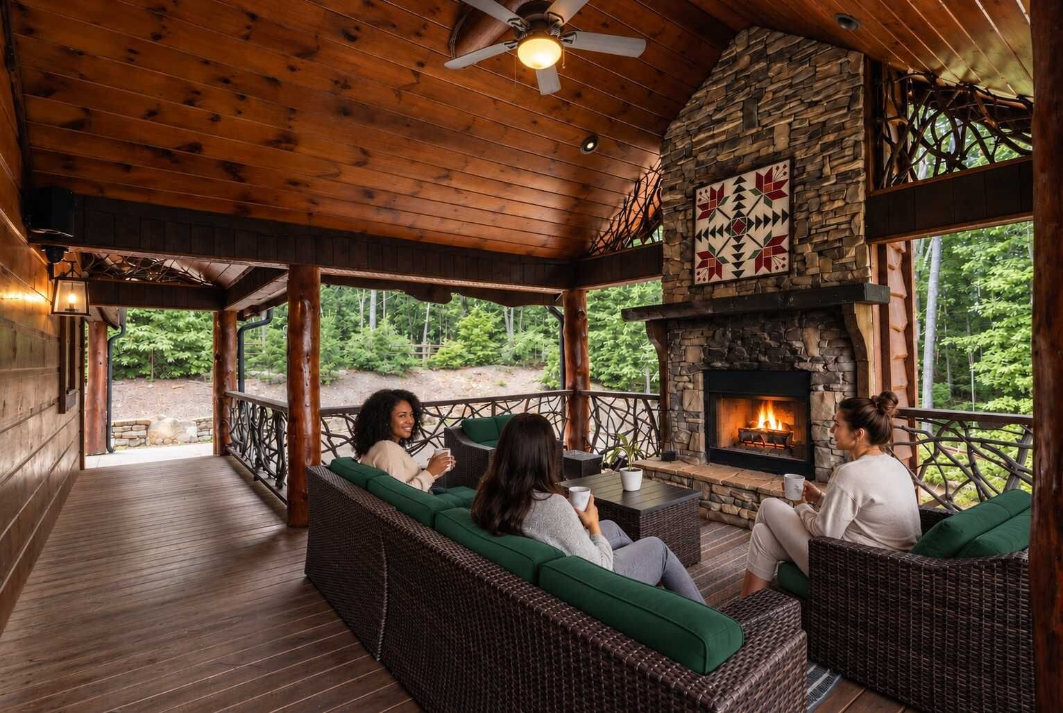 A covered outdoor seating area with wicker furniture and a stone fireplace.