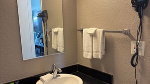 A bathroom with a white sink, a mirror, a hairdryer, and a towel rack.