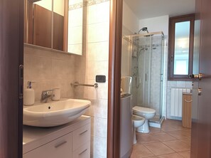Regadera, secadora de cabello, bidet, toallas