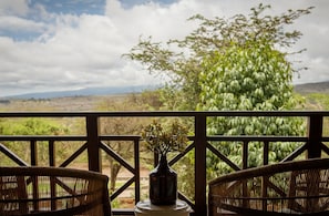 Una terraza de madera con sillas de mimbre, un jarrón con flores y una vista de un paisaje con árboles y montañas.