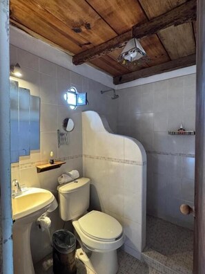 Un baño con techo de madera, lavamanos, inodoro y zona de ducha.