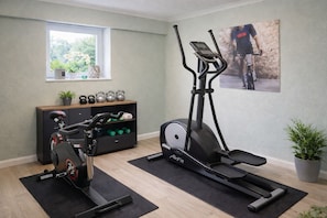 A home gym with an elliptical, a stationary bike, and a bench press. There is a window with plants on the sill, a shelf with kettlebells, and a poster on the wall. - Villa Manatee - Wellness Apartment with a Balcony (Sellin)