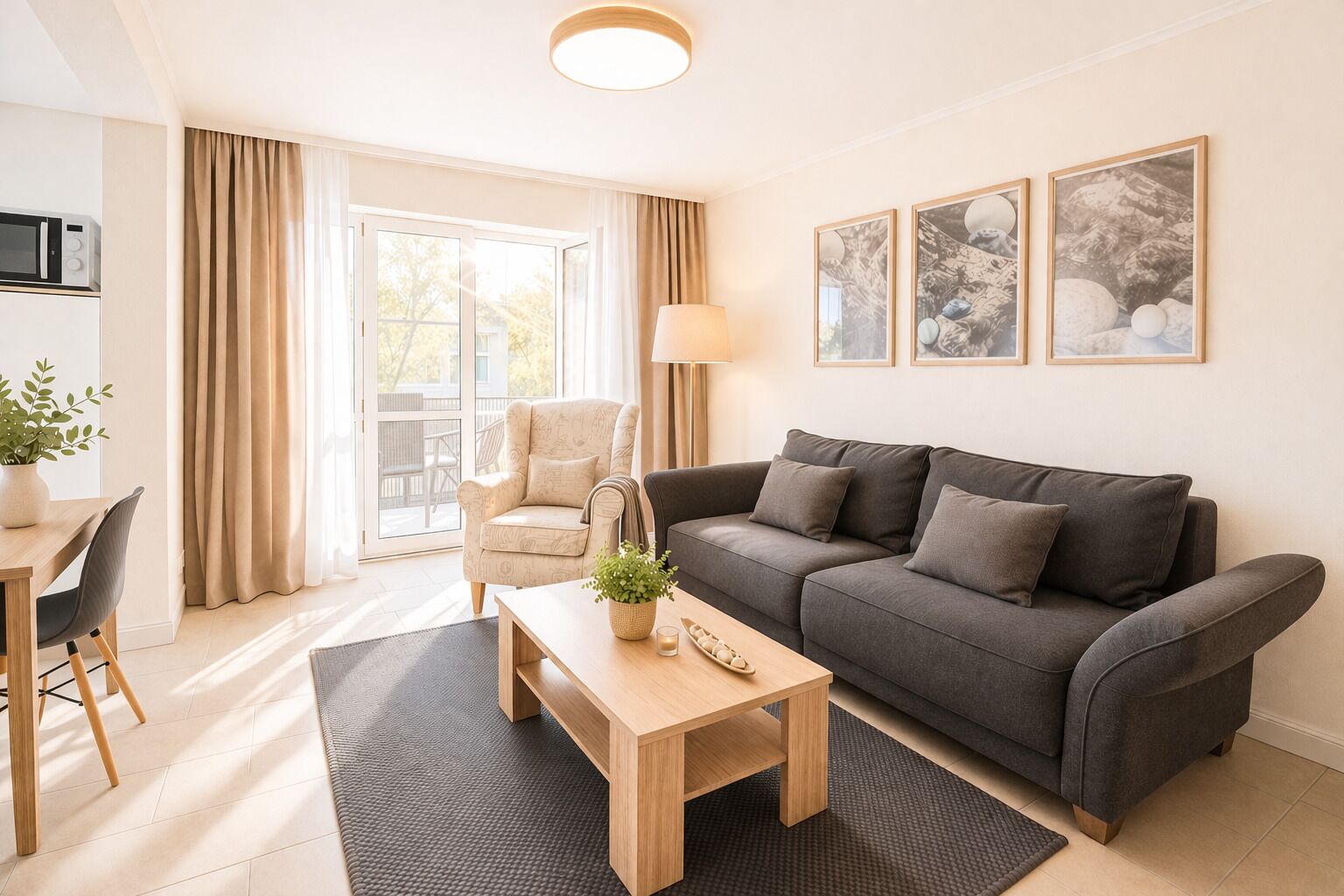 A modern living room with a sofa, a coffee table, a chair, and a lamp. There is a window with curtains, a plant, and framed pictures on the wall.
