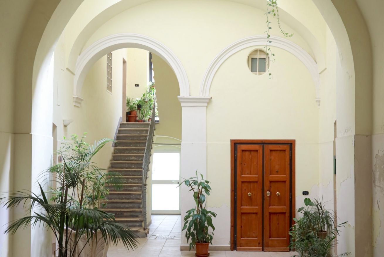 A hallway with a staircase, wooden doors, and potted plants.