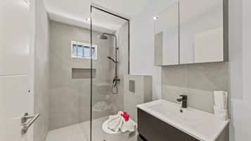 A modern bathroom with a glass shower enclosure, a white sink, and a large mirror.
