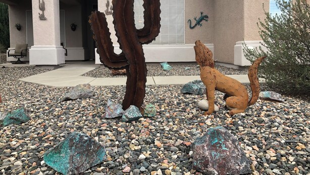 A desert-themed sculpture garden with a cactus and a lizard in front of a house. - The Jewel near Sedona (Cornville)