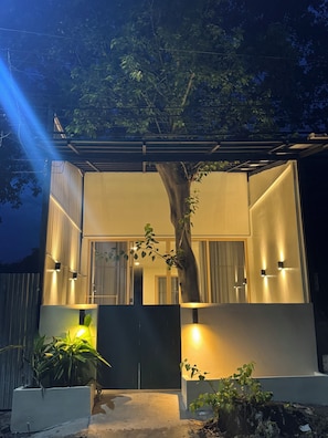 Ein modernes Haus mit einem großen Baum im Vorgarten, einem verschlossenen Eingang und Außenbeleuchtung.