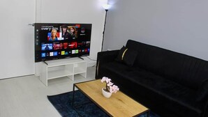 Een woonkamer met een flatscreen televisie op een standaard, een zwarte bank, een bijzettafeltje met een plant in pot en een blauw vloerkleed.