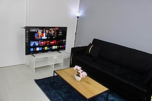 Ein Wohnzimmer mit einem Flachbildfernseher auf einem Standfuß, einem schwarzen Sofa, einem Couchtisch mit Topfpflanze und einem blauen Teppich.