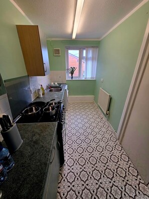 Une cuisine de taille réduite, équipée d’une cuisinière à gaz, d’un évier et de carreaux de sol à motifs.