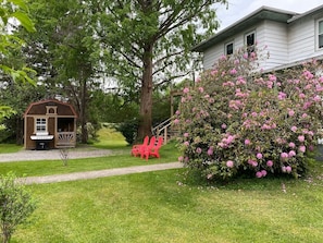 Une maison dotée d’un petit espace extérieur aménagé avec des sièges, d’un barbecue et d’un grand arbuste en fleurs.