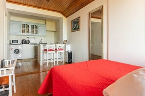 A room with a bed, a desk, a chair, a kitchenette, and a washing machine. - River View Studio Alfama (Lisbon)