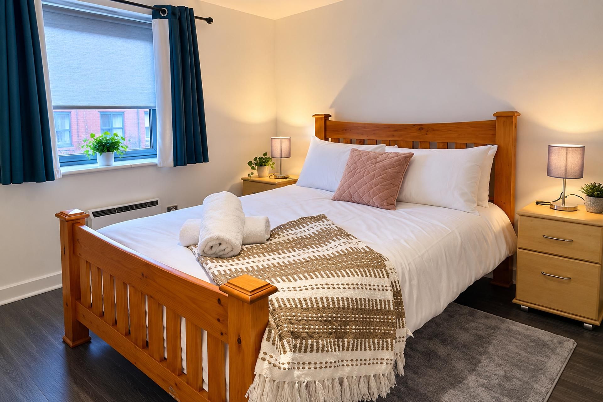 Una cama bien hecha con cabecera de madera, una mesita de noche con lámpara, una pequeña planta en maceta y una ventana con cortinas.