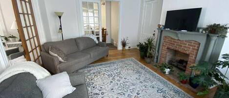 Un salon avec un canapé, un tapis à motifs, une cheminée et un téléviseur.