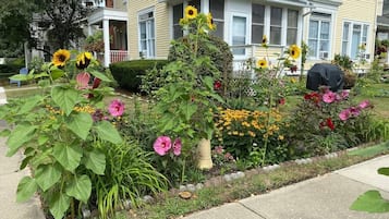 Un giardino residenziale con girasoli e diversi fiori, un portico e una casa a due piani con un camino.