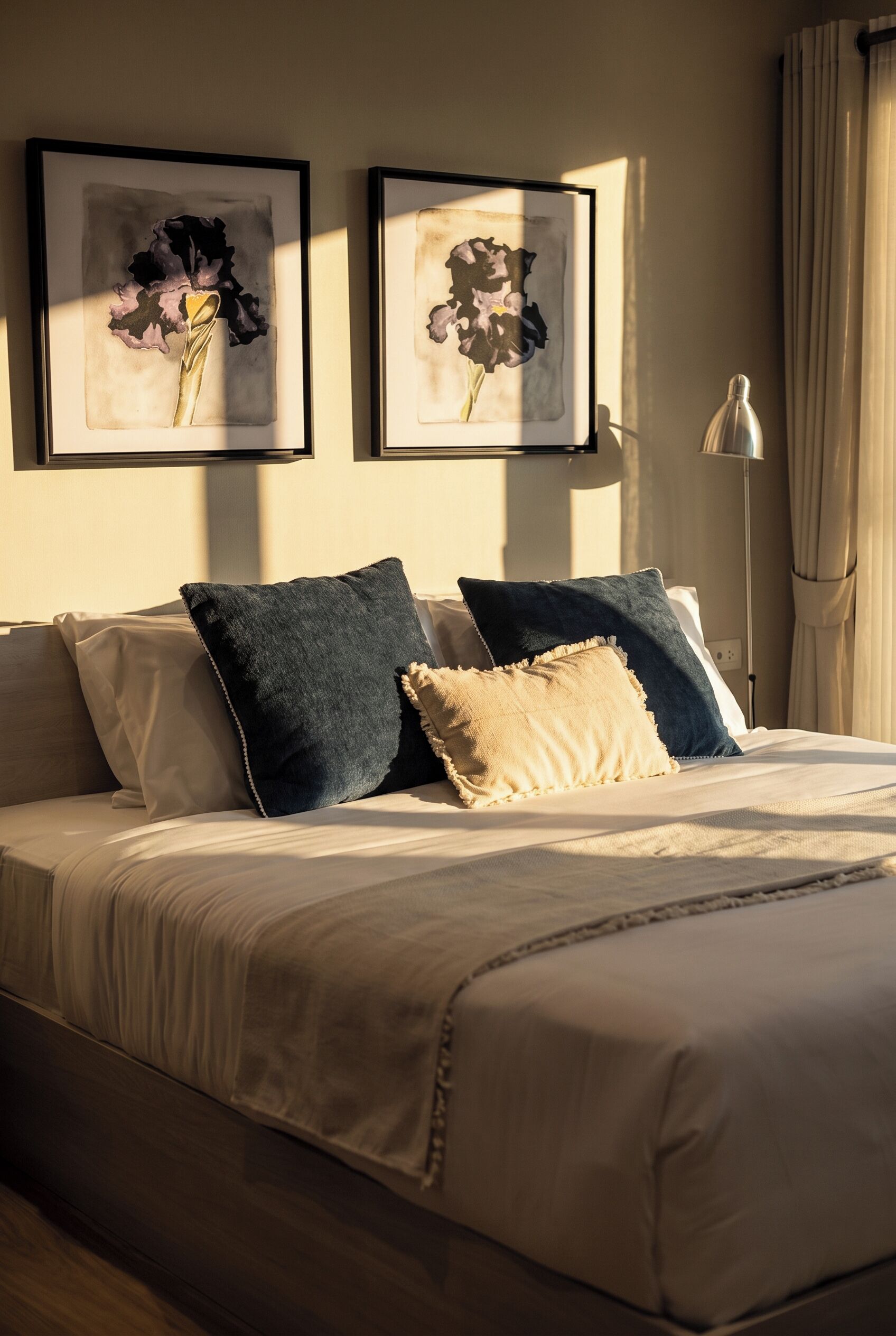 A neatly made bed with a white duvet and two pillows, one dark blue and one beige, in a room with a light-colored wall.
