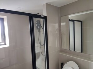 Ein modernes Badezimmer mit einer Duschkabine, einer Toilette und einem großen Spiegel.