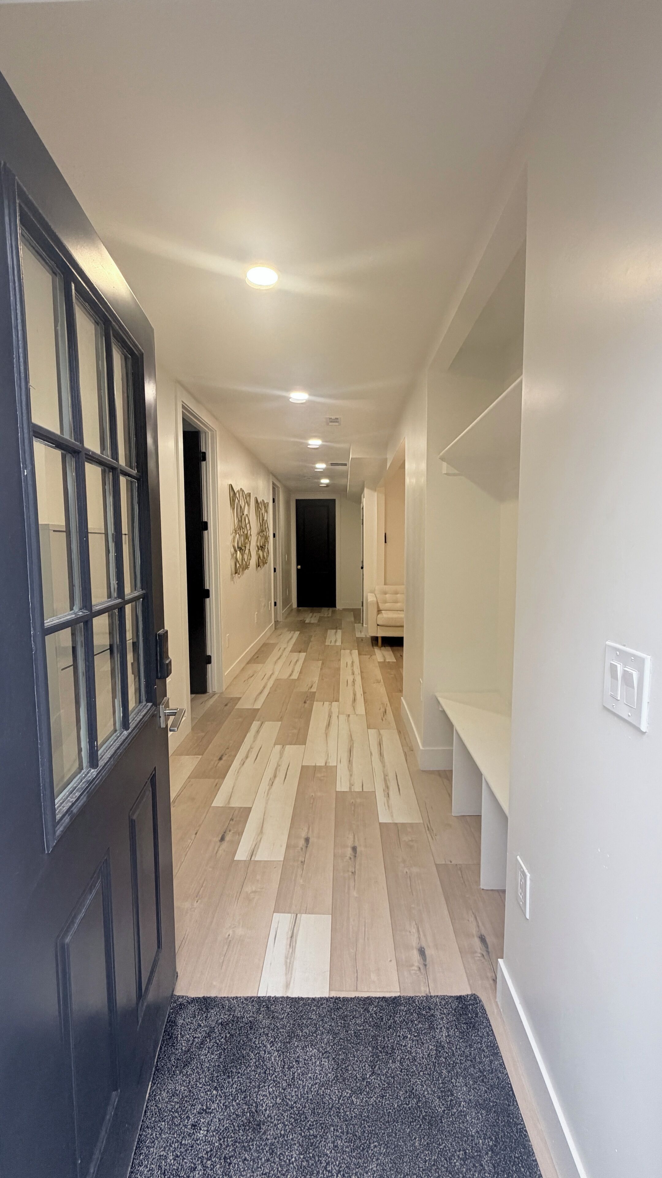Un pasillo con suelo de madera, una puerta negra y una pared blanca con un interruptor de luz.