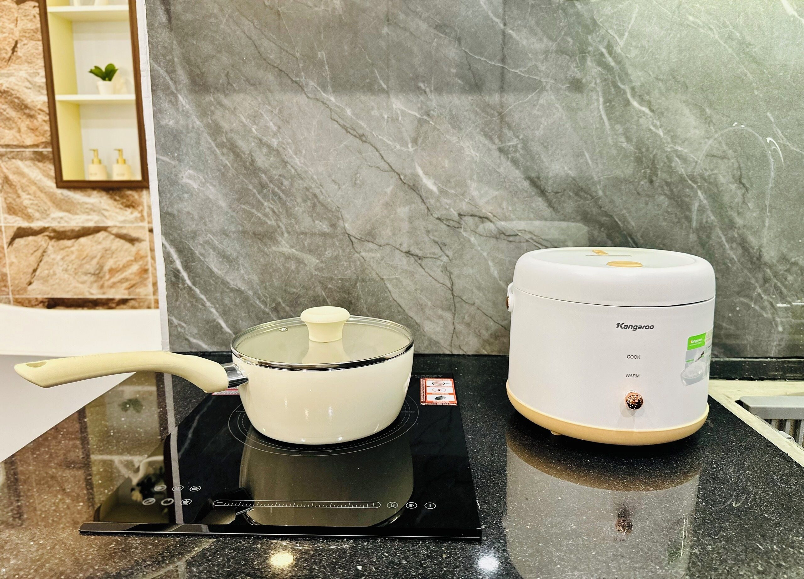 Una cocina con una cocedora de arroz y una olla sobre una placa de inducción.