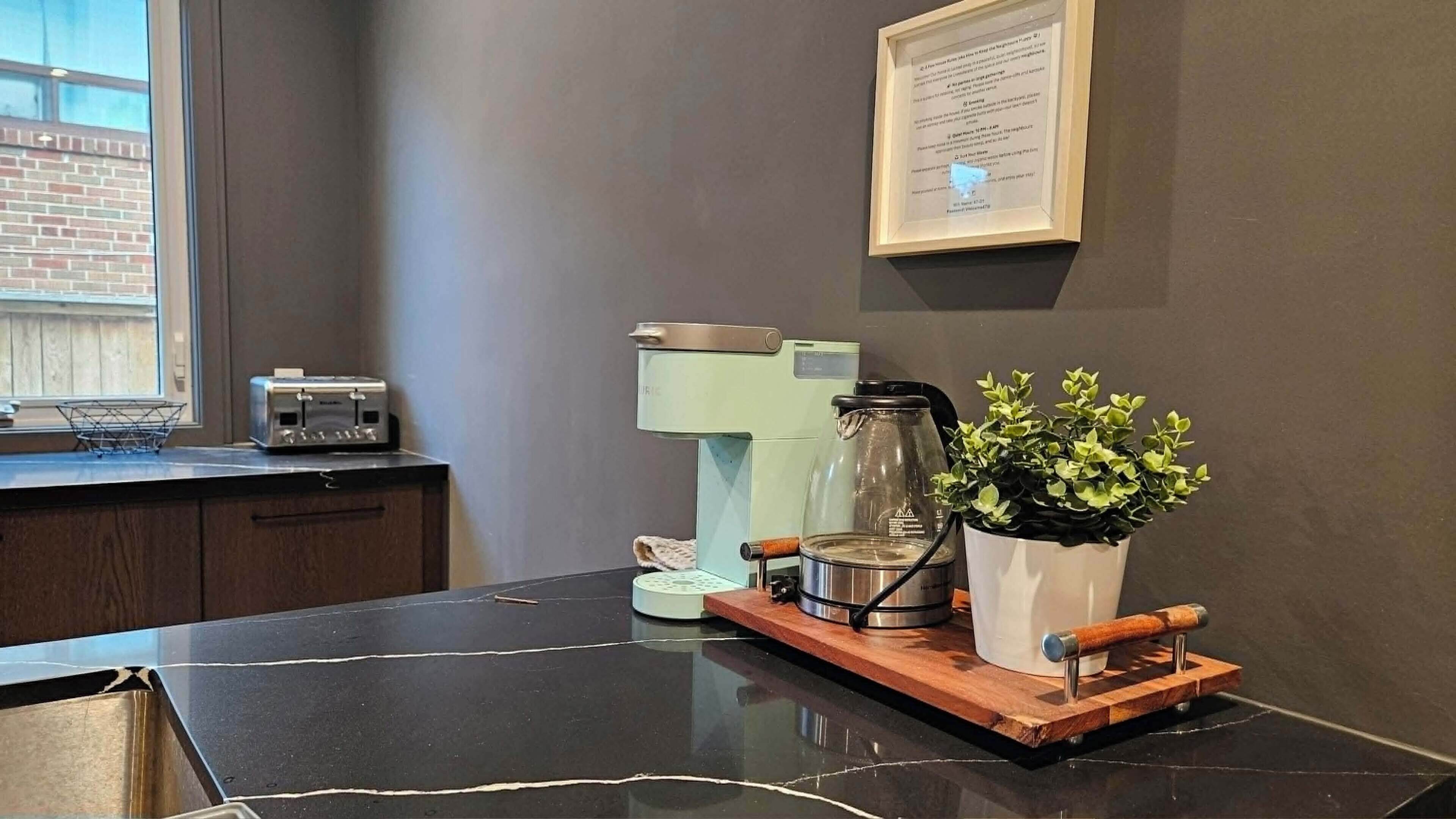 A kitchen with a coffee maker, a toaster, and a potted plant on the counter.