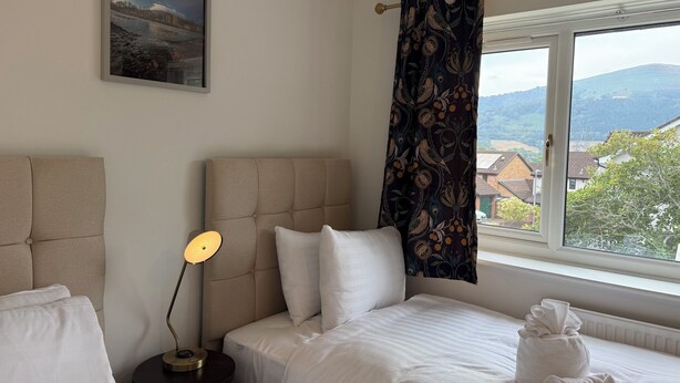 A hotel room with a bed, a bedside lamp, a window with a view of the countryside, and a painting on the wall.