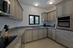 A modern kitchen with built-in appliances, a window, and a view of the outdoors. - Marbella lane - Stylish Private Villa OceanViews (Cabo San Lucas)
