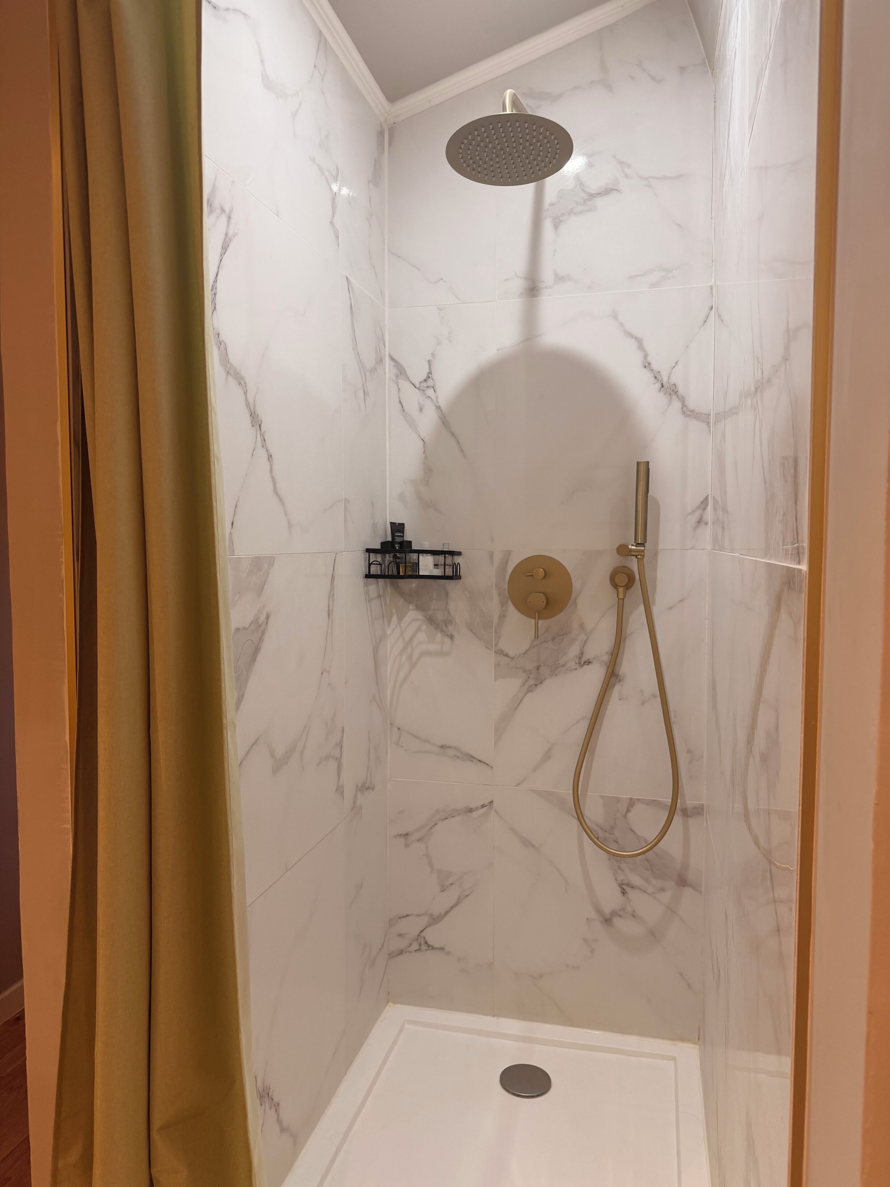 Shower, towels, soap, toilet paper