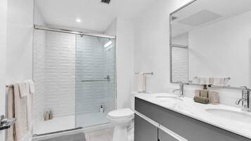 Shower, hair dryer, shampoo