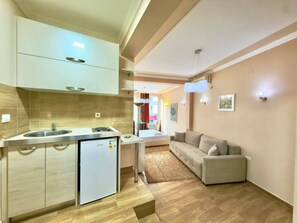 A modern kitchen with a built-in refrigerator, a double sink, and a dining area with a sofa.