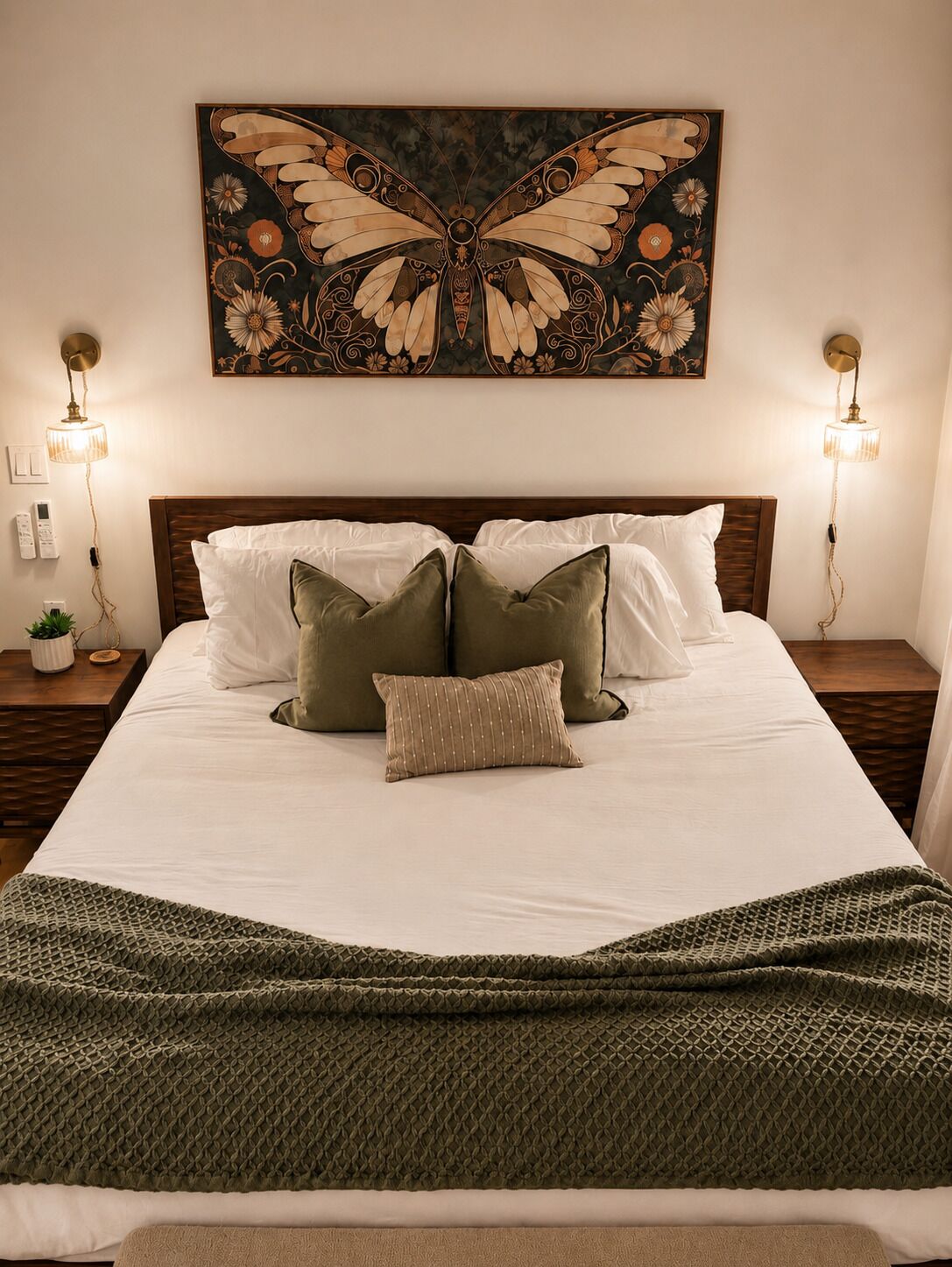 A neatly made bed with a patterned throw blanket, two bedside lamps, and a wall-mounted artwork.