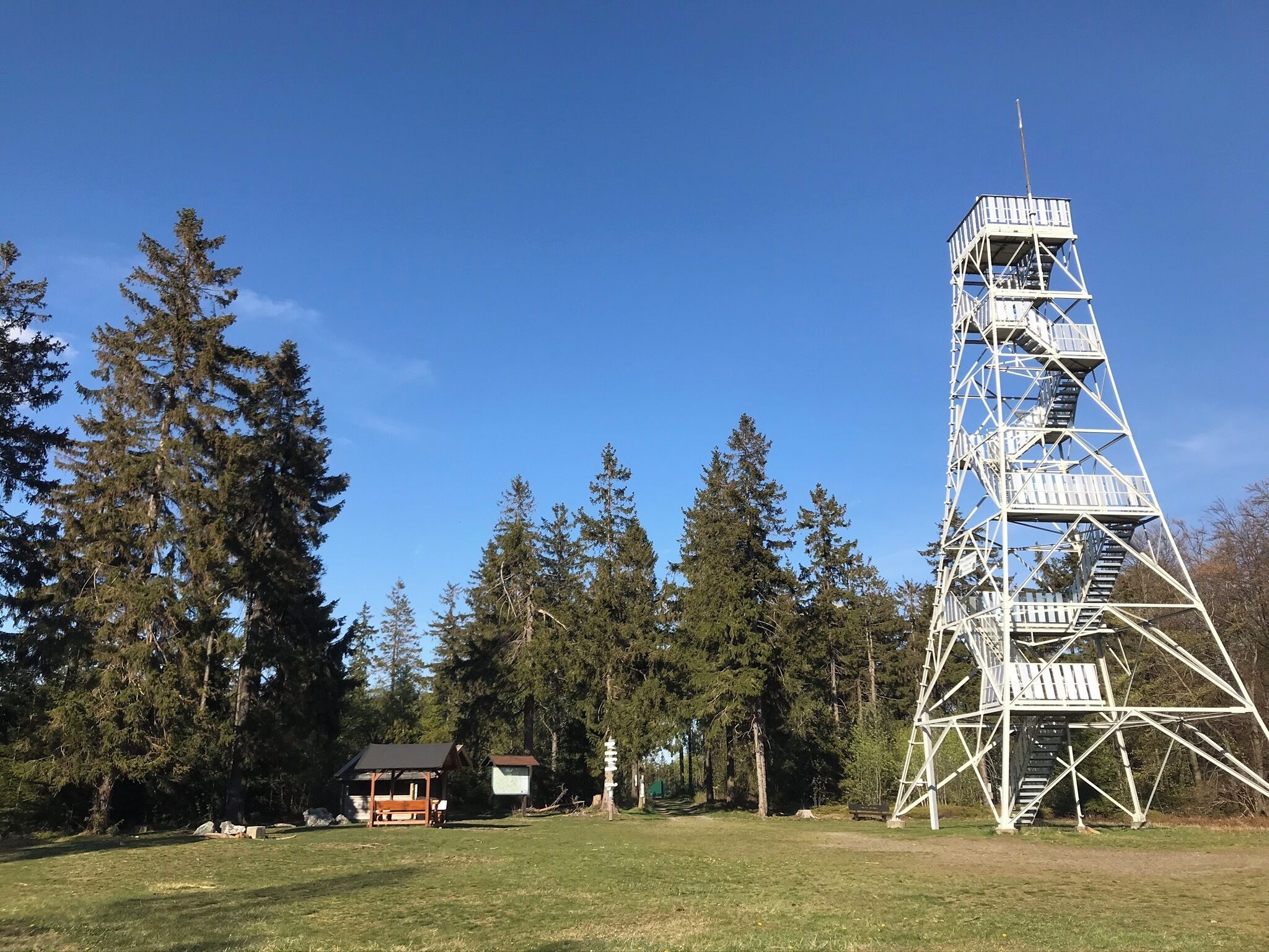Ein hoher Metallturm mit einer Treppe, umgeben von Bäumen und einer kleinen Holzkonstruktion.