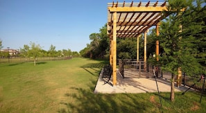 Ein überdachter Außenbereich mit einer Holz-Pergola, einem Betonweg und einem Metallzaun.