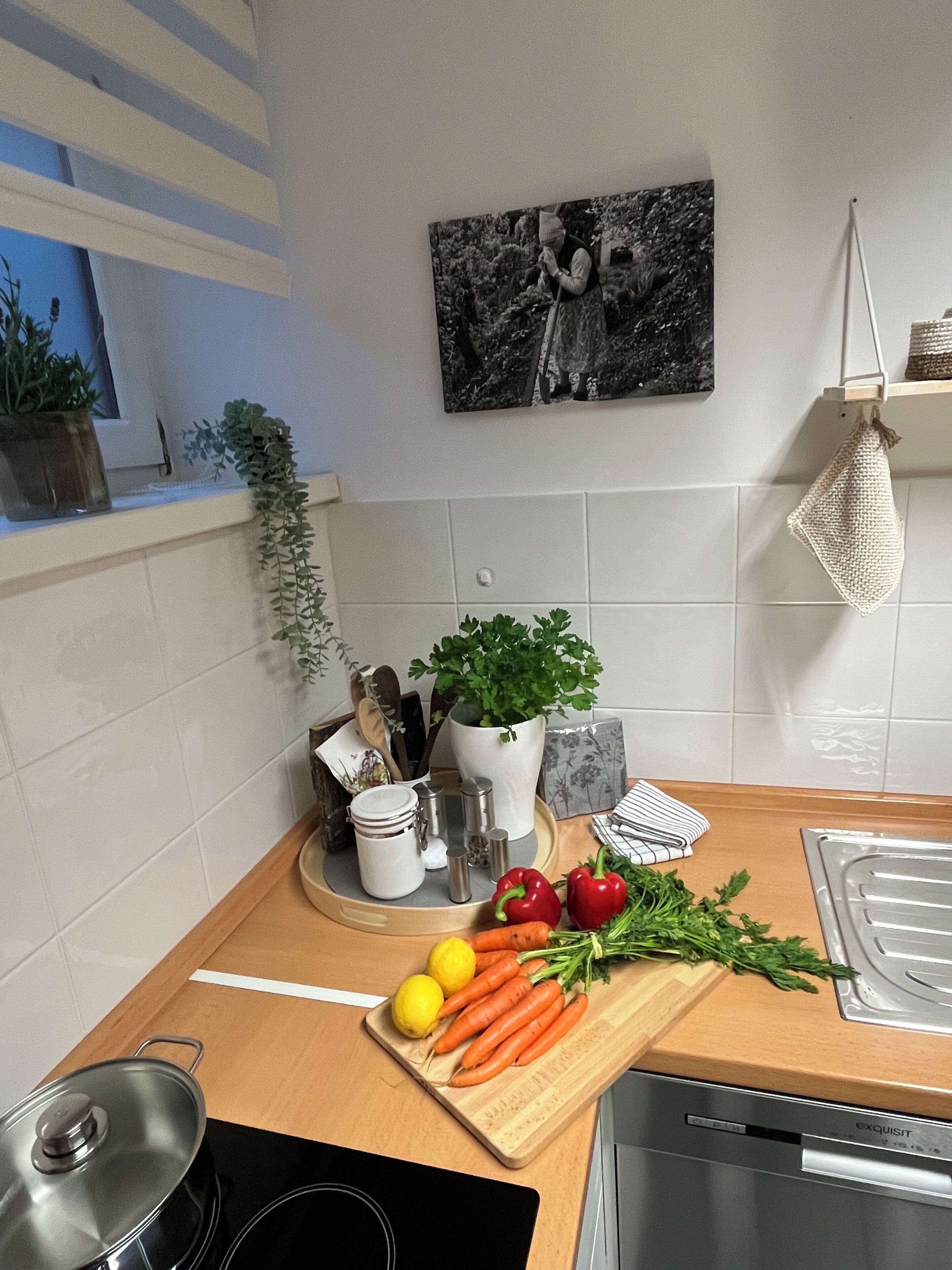 Eine Küche mit einer Holzausziehtheke, einem Herd und einem Spülbecken. Auf der Theke befinden sich verschiedene Küchenutensilien und ein Topfpflanze.