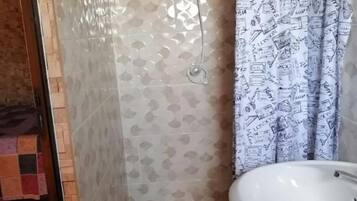 Standard Double Room, 2 Double Beds | Bathroom | Shower, towels, soap, shampoo