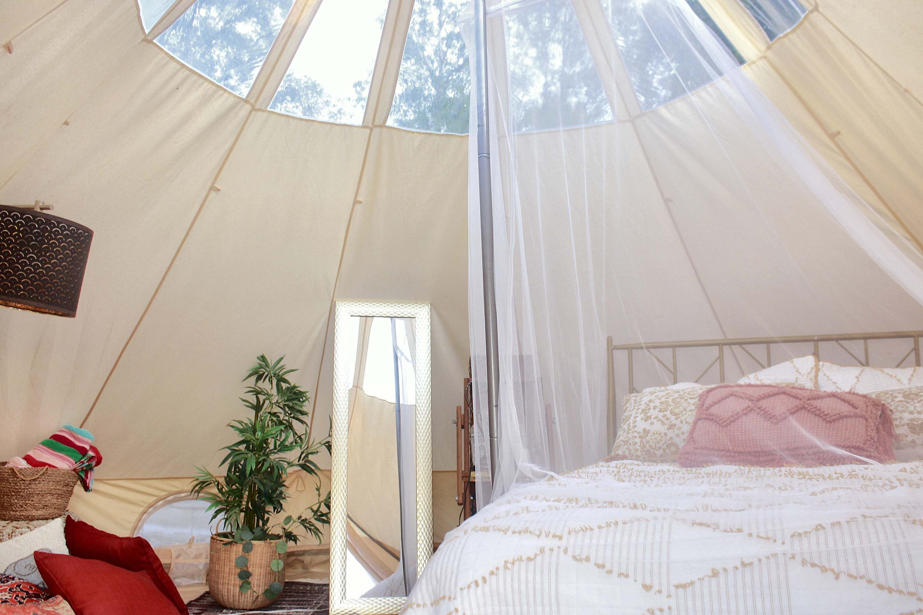 A tent interior with a bed, a hanging light fixture, and a potted plant.