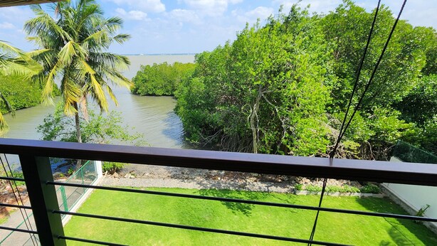 A view from a balcony overlooking a river, with lush greenery and a clear sky.