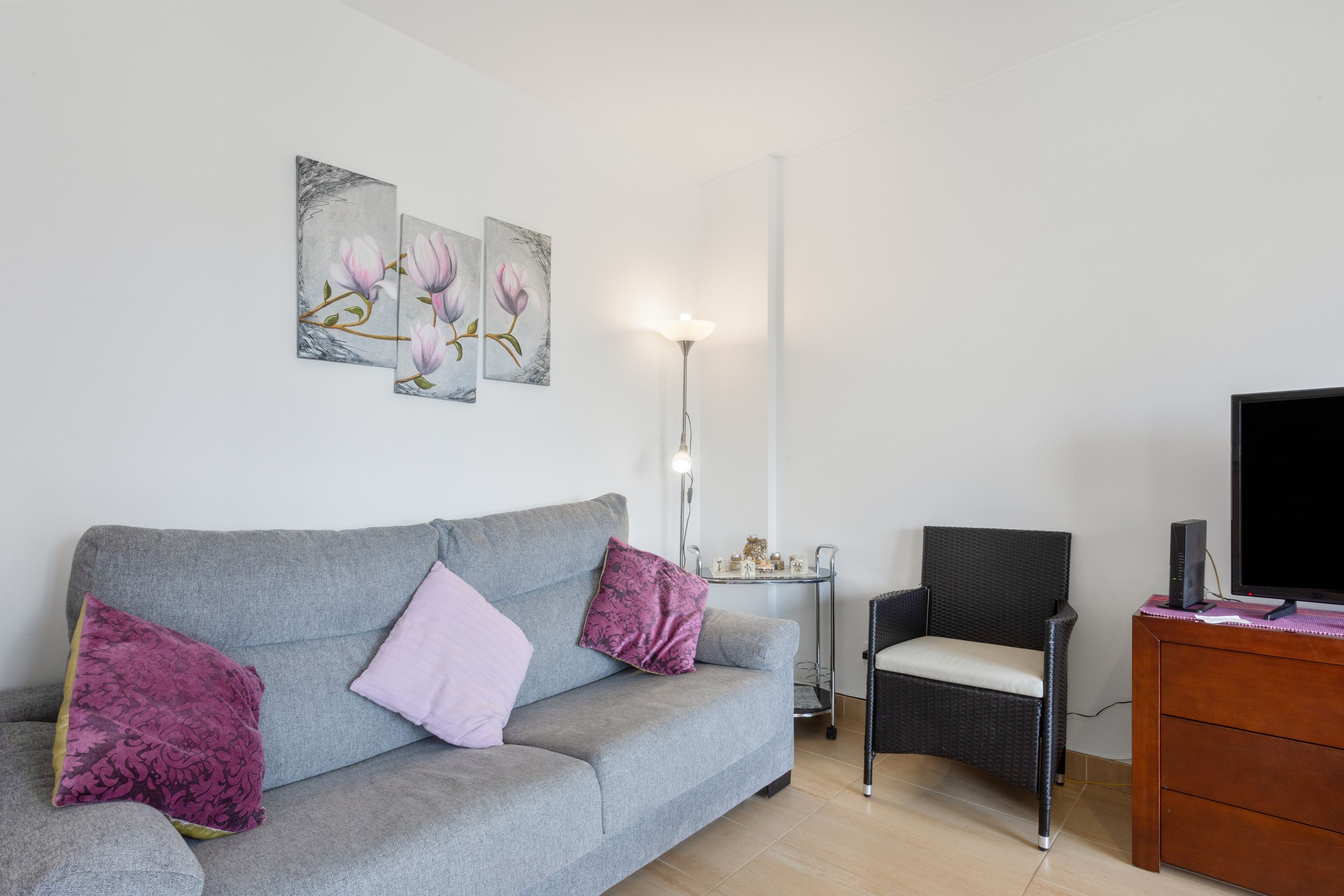A living room with a grey sofa, a black chair, a TV, and a floor lamp.