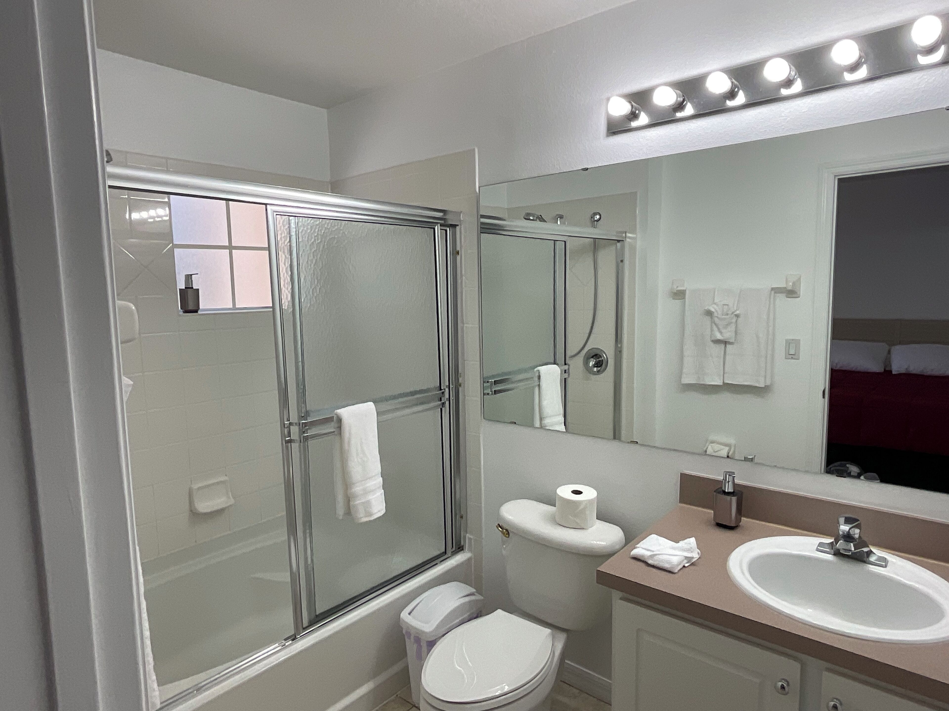 A bathroom with a glass-enclosed shower, a toilet, a sink, and a mirror with lights above.