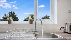 Eine Küche mit einem Edelstahl-Spülbecken, einem Geschirrständer und einem Fenster mit Blick auf Bäume und Himmel.