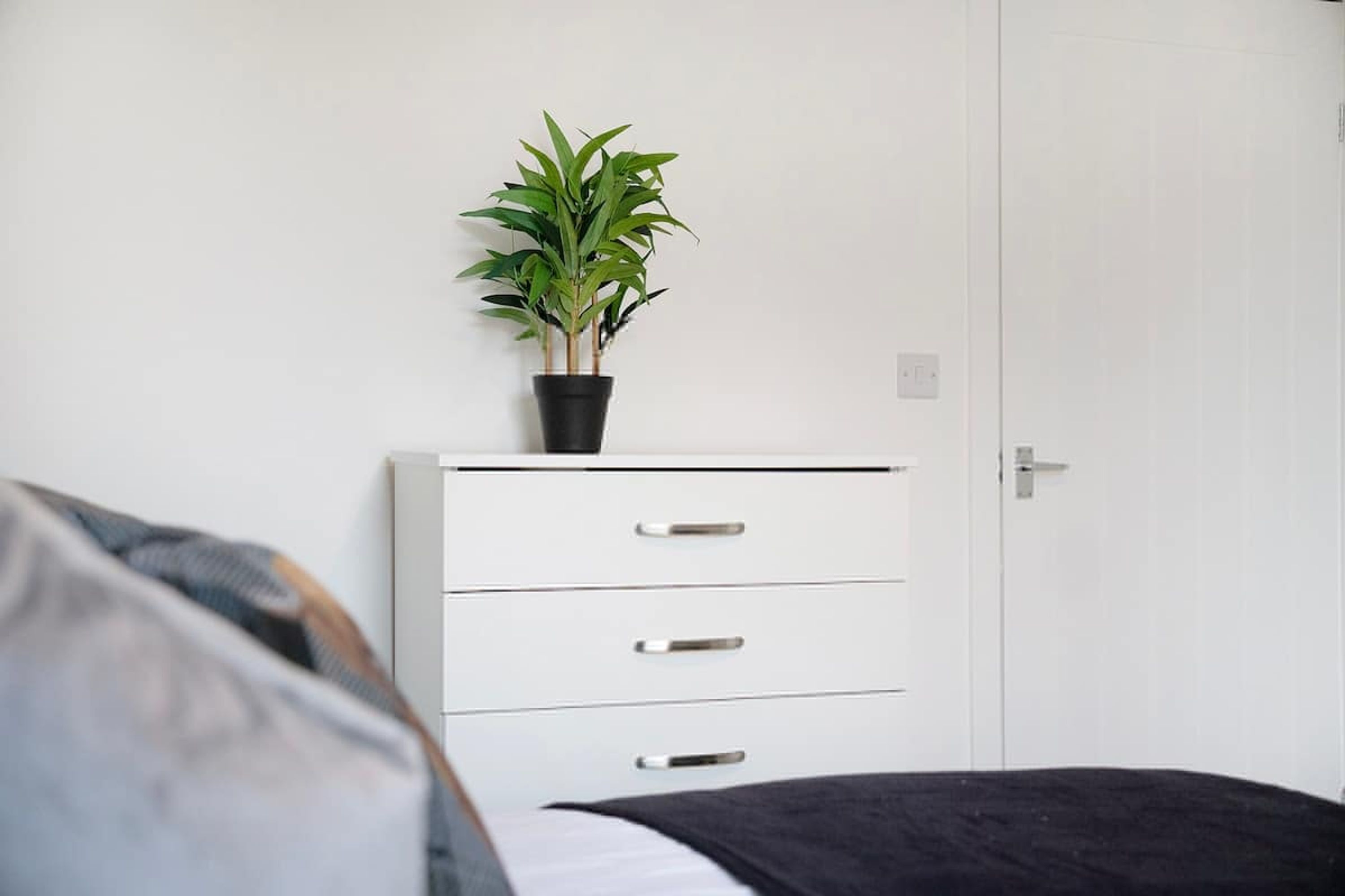 Une chambre à coucher avec un lit, une table de chevet avec des tiroirs, une plante en pot et une armoire blanche.