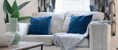 A living room with a sofa, two blue cushions, a green plant, and a patterned curtain.