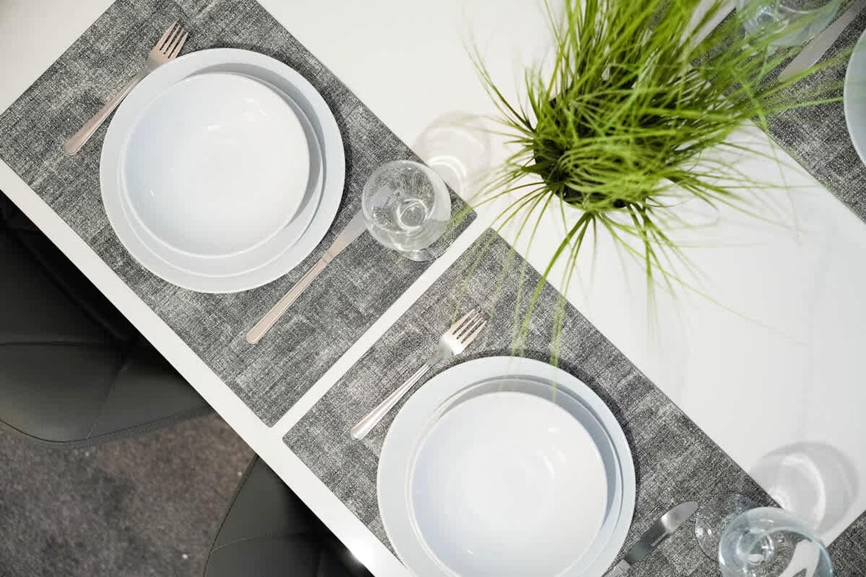 A table set with plates, glasses, and cutlery, with a plant on the table.