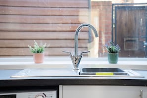 Ein Küchenspülbecken mit einem modernen Wasserhahn, zwei Topfpflanzen und ein Fenster mit Jalousien.