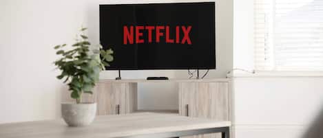 A flat-screen TV with the Netflix logo on a stand in a room with light-colored walls and a window.