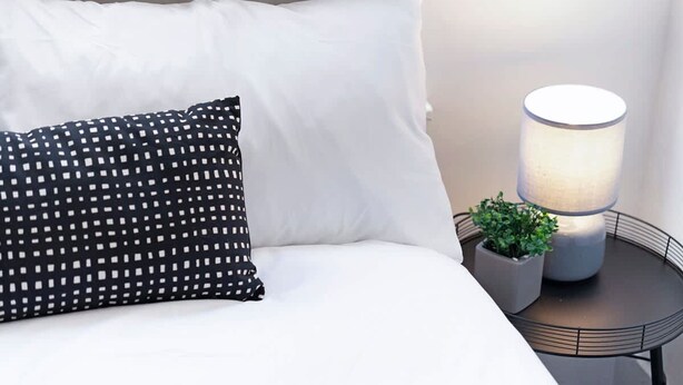 A bed with white bedding and a black pillow with white patterns, a bedside table with a lamp and a potted plant. - Charming 3BR in Blyth (Blyth)