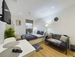 Ein modernes Schlafzimmer mit Bett, einer Couch, einem Fernseher, einem Schreibtisch und einem Fenster.